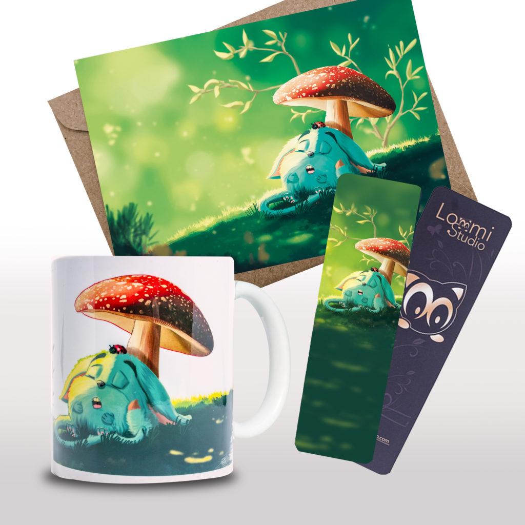 Pack Lecture Muru LoomiStudio avec mug illustré, carte de vœux A5 et marque-page plastifié thème champignon