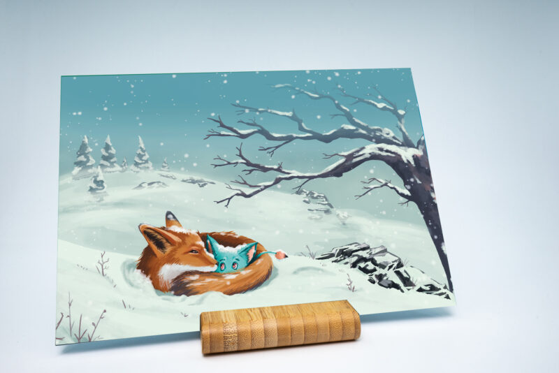carte de vœux illustrée Loomi Rusco renard protégeant Loomi dans la neige ambiance douce