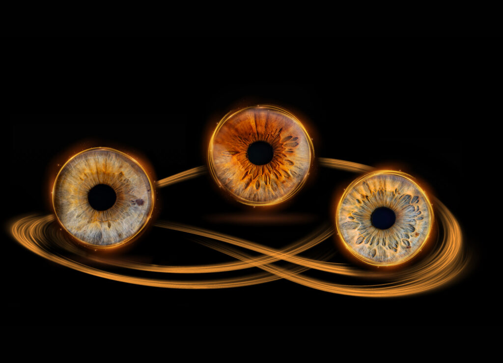 Photographie d’iris en macro haute définition réalisée par LoomiStudio en Suisse, détails des fibres et couleurs naturelles de l’œil humain