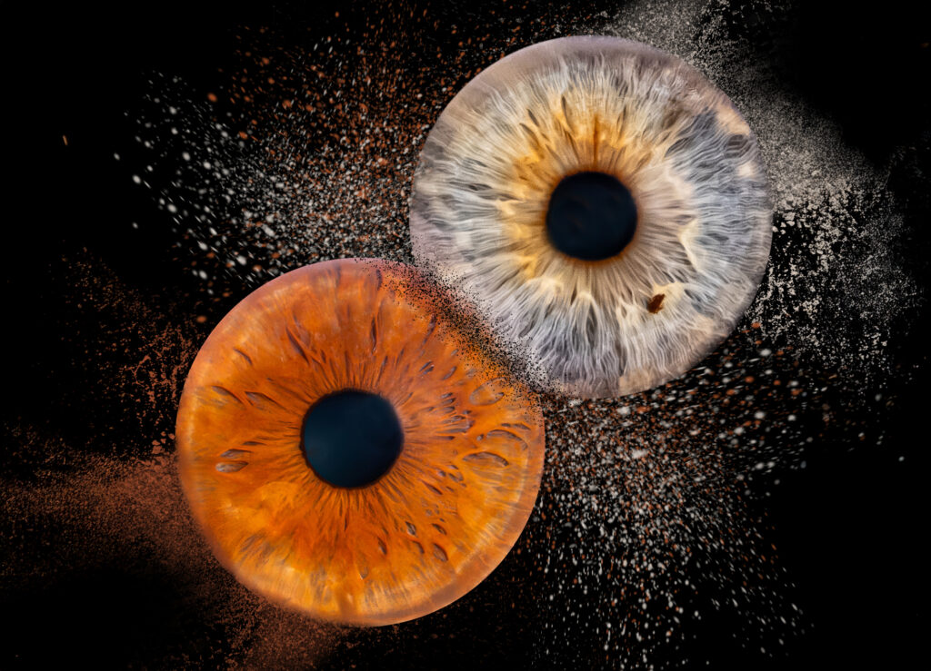 Photographie d’iris en macro haute définition réalisée par LoomiStudio en Suisse, détails des fibres et couleurs naturelles de l’œil humain