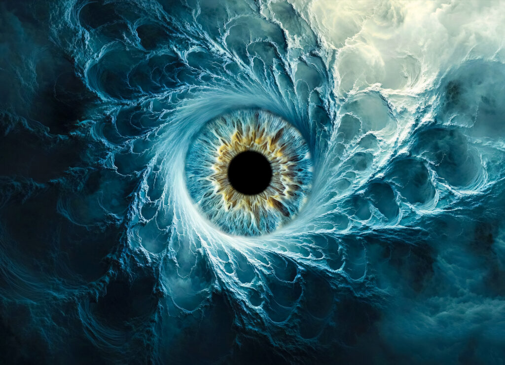 Photographie d’iris en macro haute définition réalisée par LoomiStudio en Suisse, détails des fibres et couleurs naturelles de l’œil humain