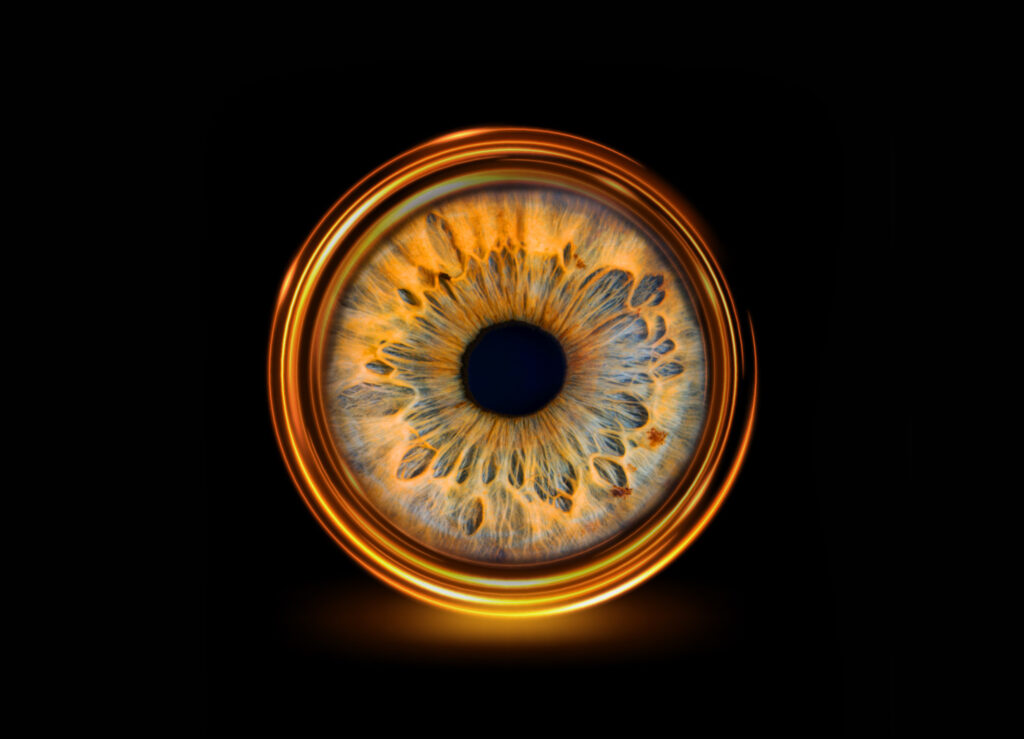 Photographie d’iris en macro haute définition réalisée par LoomiStudio en Suisse, détails des fibres et couleurs naturelles de l’œil humain