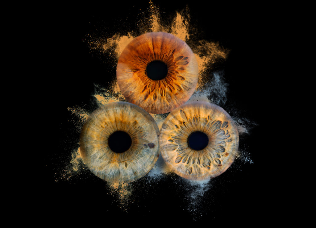 Photographie d’iris en macro haute définition réalisée par LoomiStudio en Suisse, détails des fibres et couleurs naturelles de l’œil humain