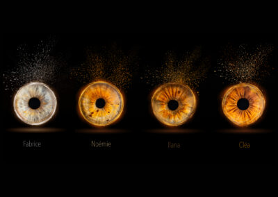Photographie d’iris en macro haute définition réalisée par LoomiStudio en Suisse, détails des fibres et couleurs naturelles de l’œil humain