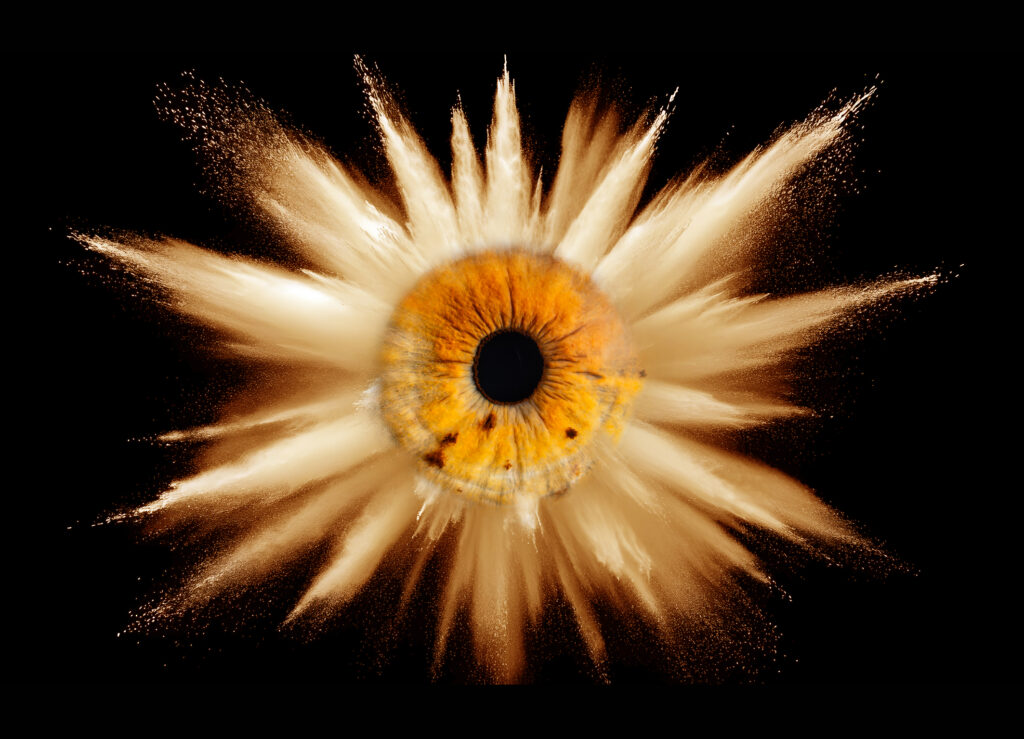 Photographie d’iris en macro haute définition réalisée par LoomiStudio en Suisse, détails des fibres et couleurs naturelles de l’œil humain