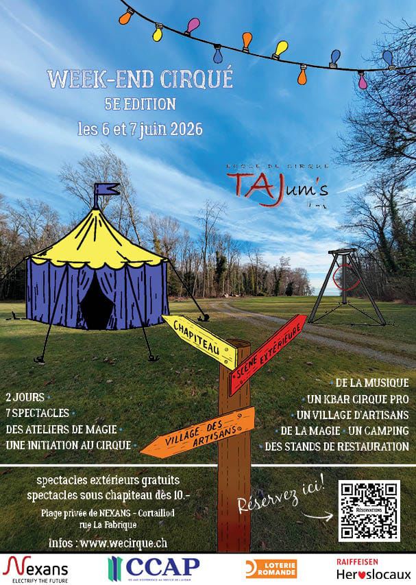 Affiche du Week-End Cirqué 2026 à Cortaillod organisé par l’École de Cirque TAJum’s avec chapiteau et informations sur l’événement