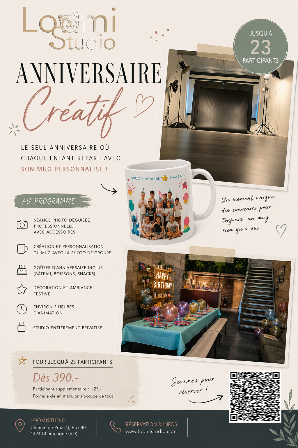 Chez LoomiStudio, les enfants vivent bien plus qu'une fête : ils participent à une véritable séance photo, créent ensemble un mug personnalisé et repartent chacun avec un souvenir unique qu'ils garderont pendant des années. 1424 Champagne . Anniversaire LoomiStudio