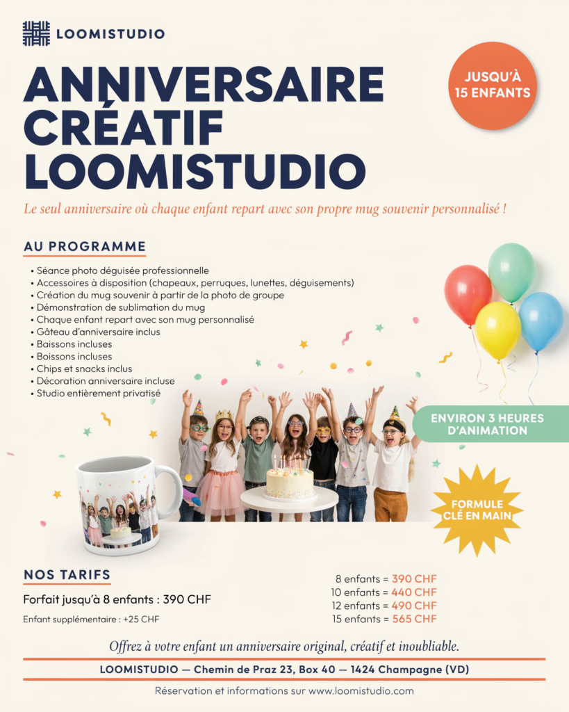 Anniversaire créatif pour enfants chez LoomiStudio à Champagne avec séance photo déguisée et mug souvenir personnalisé