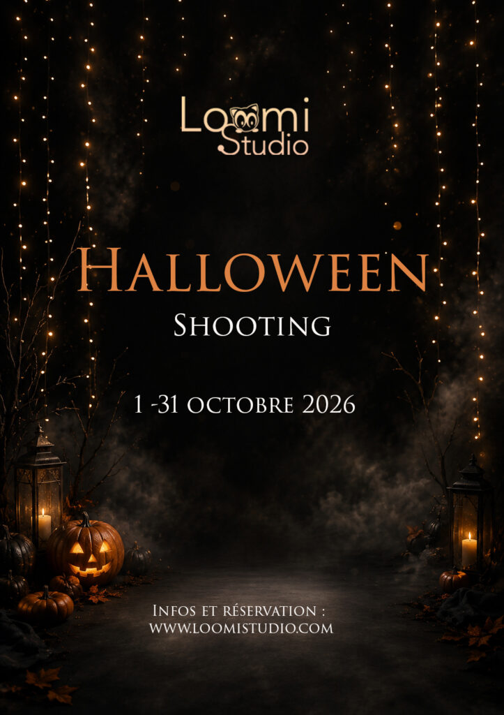 Shooting Halloween dans un décor mystérieux avec lumières et fumée chez LoomiStudio en Suisse romande.
