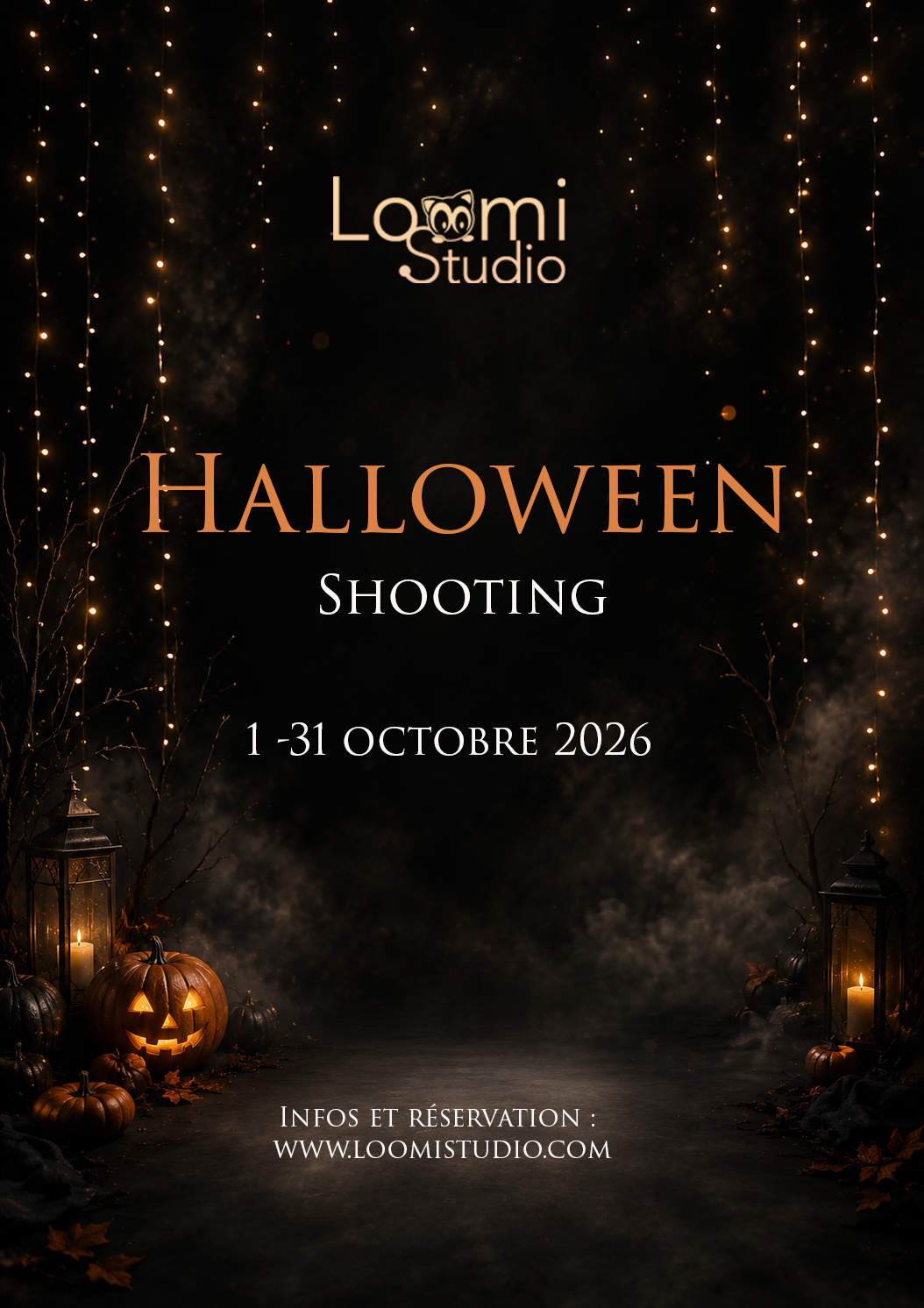 Shooting Halloween dans un décor mystérieux avec lumières et fumée chez LoomiStudio en Suisse romande.
