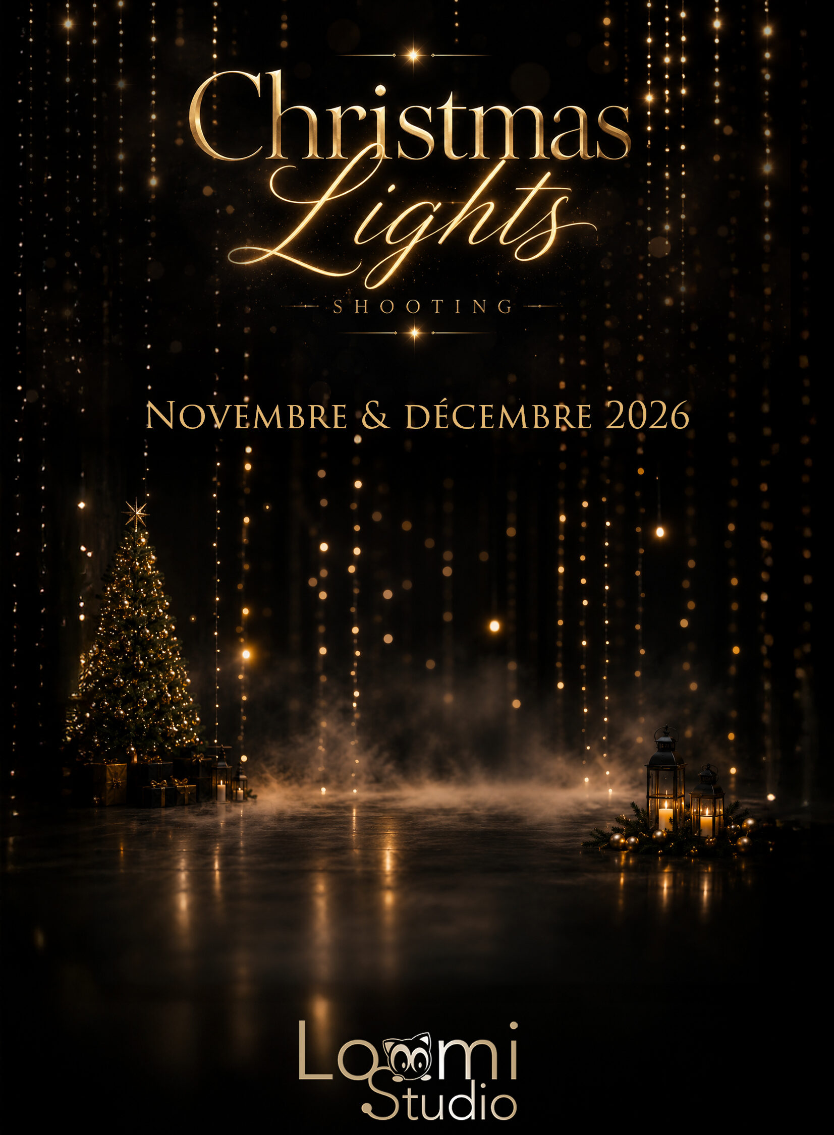 Shooting photo de Noël dans un décor lumineux et élégant chez LoomiStudio en Suisse romande.
