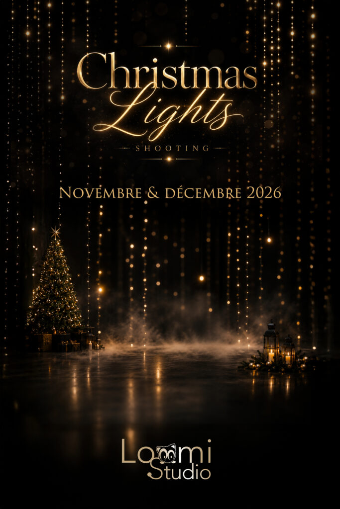 Shooting photo de Noël dans un décor lumineux et élégant chez LoomiStudio en Suisse romande.